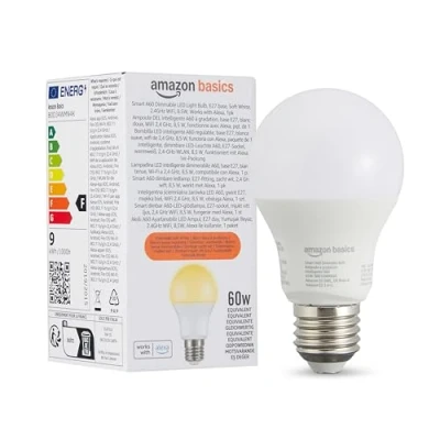 Abbildung von Amazon Basics smarte A60 LED Glühbirne, dimmbar, E27, sanftes Weiß, 2,4 GHz WLAN, 8.5 W, funktioniert nur mit Alexa, 1 Stück