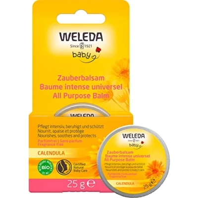 Abbildung von WELEDA Bio Baby Calendula Zauberbalsam Naturkosmetik Universal Balsam für Gesicht &amp; Körper zur Pflege Beruhigung trockener Haut und Lippen. Reichhaltiger Allzweckbalsam Babys Kinder (1x 25g)