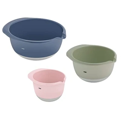 Abbildung von Emsa Prep&amp;Bake 3 teiliges Rührschüssel Set aus Kunststoff, 1,4 + 2,8 4,7 Liter, Rutschfester Boden, Stapelbar, mit praktischem Griffrand, K324S334, Rosa/Grün/Blau