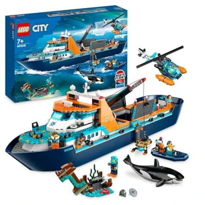 Abbildung von Lego City Arktis Forschungsschiff, großes schwimmfähiges Spielzeug Boot mit Hubschrauber, Beiboot, ROV U Boot, Wikingerschiffswrack, 7 Minifiguren &amp; Orca Figur, Geschenk für Kinder ab Jahren 60368