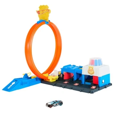 Abbildung von Hot Wheels Spielzeugauto Streckenset, Super Polizeiwache Spielset mit Die Cast Fahrzeug im Maßstab 1:64 und anpassbaren Loopings für unterschiedliche Renn Stuntmöglichkeiten, JBM71