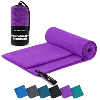 Abbildung von ZENACROSS Mikrofaser Handtuch mit Transportbeutel Schnelltrocknendes und vielseitiges Fitness Sporthandtuch Größen XL 180 x 90 cm Lila