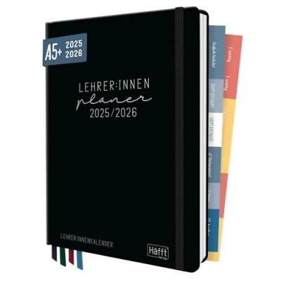 Abbildung von Häfft® Lehrer Planer 2025/2026 A5 + &quot;Black Edition&quot; Hardcover Lehrerkalender/Schuljahresplaner mit 236 Seiten, Stickern und mehr nachhaltig &amp; klimafreundlich