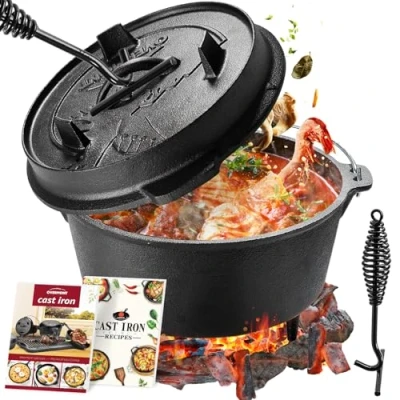 Abbildung von OVERMONT Dutch Oven Gusseisen Topf Eingebrannter Feuertopf mit Füßen 2in1 Deckel Rezeptbuch und Deckelheber für Abenteuer Garten Lagerfeuer Camping Größe L