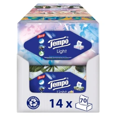 Abbildung von Tempo Light Box Taschentücher Megapack 14 Boxen, 70 Tücher pro weiche Papiertaschentücher, waschmaschinenfest