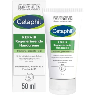 Abbildung von CETAPHIL Repair Regenerierende Handcreme, 50ml, Für beanspruchte, empfindliche und trockene Hände, Regeneriert nach belastender Tätigkeit, Mit Provitamin B5, Vitamin B3, E &amp; Nachtkerzensamenöl