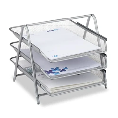Abbildung von Relaxdays Dokumentenablage aus Metall, Briefablage 3 Fächer, Mesh Design Schreibtischablage für A4 Dokumente, silber, 35.5 x 29.5 27 cm