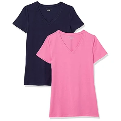 Abbildung von Amazon Essentials Damen Kurzärmeliges T Shirt mit V Ausschnitt, Klassischer Schnitt, 2er Pack, Rosa/Marineblau, L