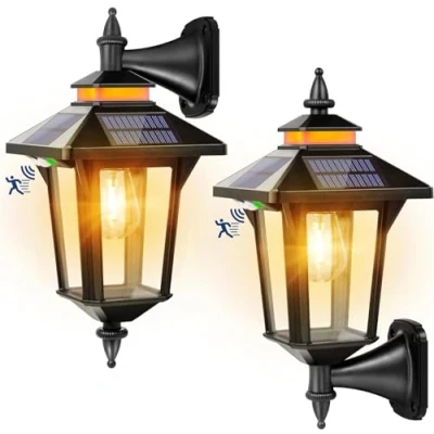 Abbildung von Moman Solarleuchten für Außen, 2 Stücke Vintage Solarlampen Außen mit Bewegungsmelder 2200mAh 3 Modi IP65 Wasserdicht Solar Wandleuchte Garten Zaun, Lampe Leuchte