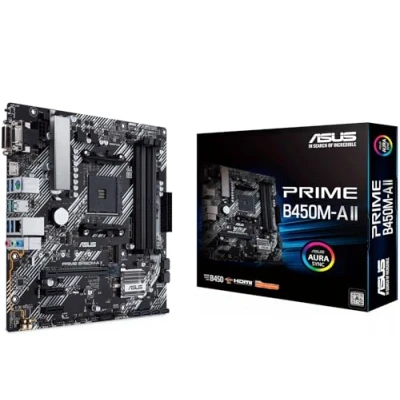 Abbildung von Asus Prime B450M A II Mainboard Sockel AM4 (mATX, AMD Ryzen, DDR4 Speicher, M.2, SATA 6Gbit/s, USB 3.1 Gen 2 Typ A. Aura Sync)