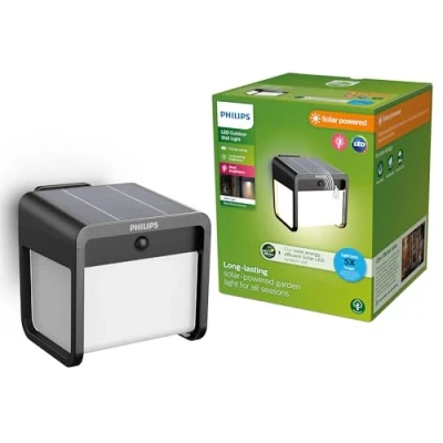Abbildung von Philips Ezra ultraeffiziente Solar Wandleuchte für den Außenbereich mit Sensor, 3000K weißes Licht, 250/25lm, Schwarz