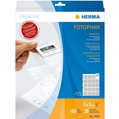 Abbildung von HERMA 7699 Diahüllen für gerahmte Dias, 100 Stück, 5x5 cm, 20 Fächer geteilt, klar/matt, beidseitig sichtbar, Fotophan Fotosichthüllen Sammelhüllen mit Eurolochung zur Dia Archivierung, transparent