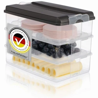 Abbildung von Hausfelder Aufschnittdosen für Kühlschrank, Aufschnittbox stapelbar, Kühlschrank Organizer mit Deckel (Anthrazit, 3x2,3L)