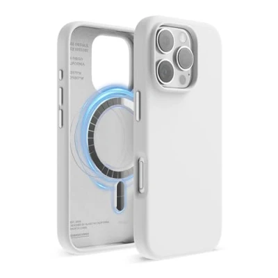 Abbildung von elago Magnetisch Silikon Hülle Kompatibel mit iPhone 16 Pro 6,3 Zoll, Allen MagSafe Zubehör Eingebaute Magnete, Soft Grip Silikon, Stoßfest (Weiß)