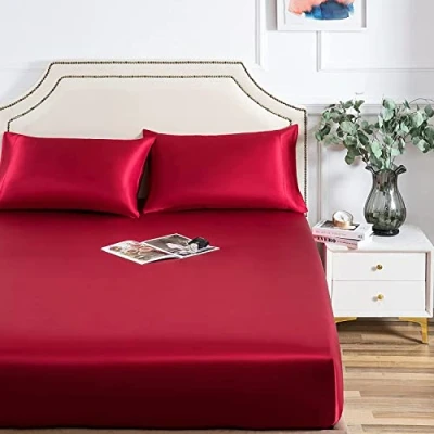 Abbildung von Damier Satin Spannbettlaken 200x200cm Rot Weinrot Seide Glänzend Spannbetttuch Hochwertiges Deluxe Bettlaken, geeignet für Matratzen bis 25cm