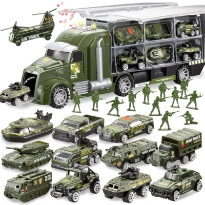 Abbildung von JOYIN 25 in 1 Druckguss Militär LKW Spielzeugset mit Spielzeugsoldaten, Armeefahrzeug Spielzeug im Transporter Lichtern und Geräuschen, Kindergeburtstagsgeschenke für Jungen ab 3 Jahren (grün)