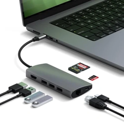 Abbildung von SATECHI USB C Hub Multiport Adapter V2 4K HDMI (60Hz), 60W Aufladung, GbE, SD/Micro Kartenleser, 3.0 Für M2/ M1 MacBook Pro/Air, iPad M2 Mac Mini, iMac (Space Grau)