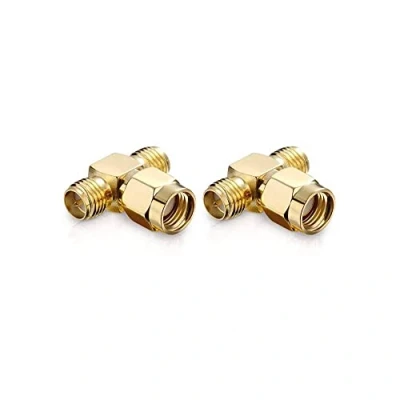 Abbildung von conecto SMA Adapter, T Stück, 1x RP Stecker ohne Pin auf 2X Buchse mit Pin, Adapter zur Erweiterung von Anschlüssen, vergoldet, 2er Set