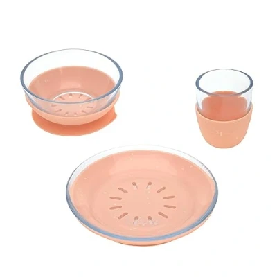 Abbildung von LÄSSIG Kindergeschirr Set Glas (Becher Schüssel Teller) robust mit Silikonuntersatz, spülmaschinengeeignet und mikrowellengeeignet/Dish Glass/Silicone Orange