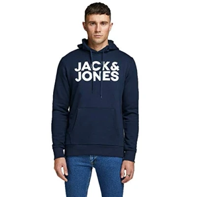Abbildung von Herren Jack &amp; Jones Corp Logo Sweat Hood Classic Kapuzen Sweatshirt Basic Sweater, Farben:Navy, Größe Pullover:XS