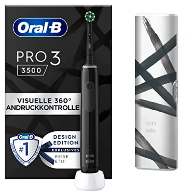 Abbildung von Oral B PRO 3 3500 Elektrische Zahnbürste/Electric Toothbrush, mit Putzmodi und visueller 360 Andruckkontrolle für Zahnpflege, Reiseetui stripes, Geschenk Mann/Frau, schwarz