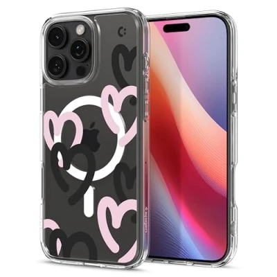 Abbildung von Spigen für iPhone 16 Pro Hülle [Anti Yellowing] Ultra Hybrid MagFit Case Handyhülle Transparent Dünn Slim Kompatibel mit MagSafe Hearts Black Pink