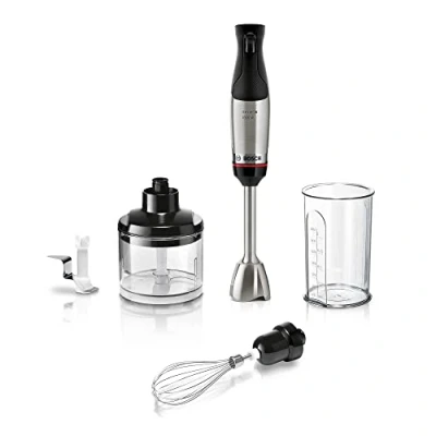 Abbildung von Bosch Stabmixer ErgoMaster Serie 6 MSM6M622, einhändig bedienbar, Edelstahl Klingen, verschleißfreie Keramik Kupplung, Luftkühlung, Zerkleinerer, Schneebesen, Mixbecher, 1000 W,