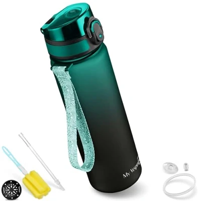 Abbildung von My Vesperbox Minny Kinder Trinkflasche auslaufsicher mit Strohhalm oder Sieb 500ml leichte Tritan Wasserflasche BPA frei für Kindergarten, Schule (Grün Schwarz 500ml)