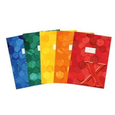 Abbildung von HERMA 20243 Heftumschlag A4 Karton Sortiment, 5 Stück, veredelte Hefthülle mit Beschriftungsfeld aus stabilem &amp; extra starkem Papier, Heftschoner Hexagon Muster Motiv für Schulhefte, farbig