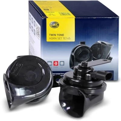 Abbildung von HELLA Fanfare OE CONNECT HORN TE26 SET 12V 110dB(A) 400Hz 500Hz Tiefton/Hochton elektrisch ECE Gehäusefarbe: schwarz Stecker: BMW Menge: 2 3FH 012 010 041