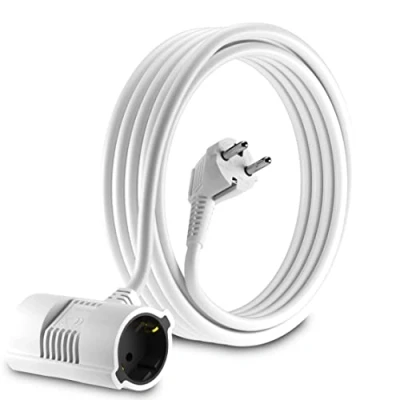 Abbildung von MutecPower 5 Meter Verlängerungskabel Mit 2 Fach Schuko doppel Steckdosen abgewinkelt EU Verlängerung IP20 Schutzkontakt stecker und kupplungen bis 250V 50Hz 16A 5m weiß, Männlich weiblich