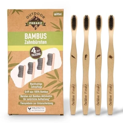 Abbildung von 4er Pack Bambus Zahnbürste mit reinem Holz ✮ vegan biologisch abbaubar 100% frei von BPA Borsten Holzkohle für beste Sauberkeit