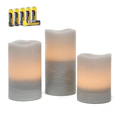 Abbildung von Rhytsing 3 flammenlose Kerzen Grau Rustik Design, LED Wachskerzen Timer Funktion mit Batterien enthalten, H 10 / 12,5 15 CM