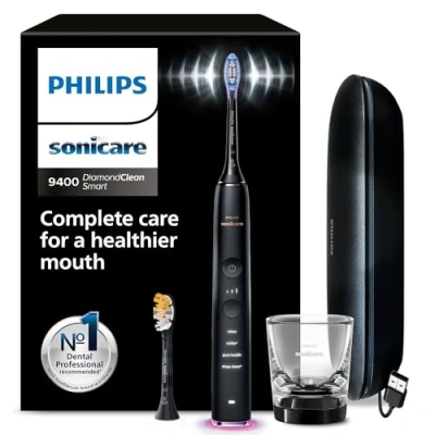 Abbildung von Philips Sonicare DiamondClean Smart 9400 elektrische Zahnbürste, Schallzahnbürste mit App, Drucksensor, Bürstenkopferkennung, 4 Putzmodi und 3 Intensitätsstufen, Schwarz, Modell HX9917/89