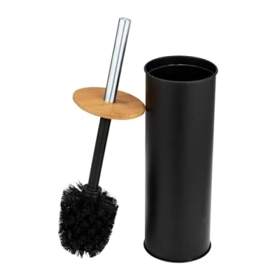 Abbildung von WENKO WC Garnitur Mod. Tortona, geschlossene Toilettenbürste aus Stahl, kombiniert mit Bambus, Ø 9,5 x 38,5 cm, Schwarz