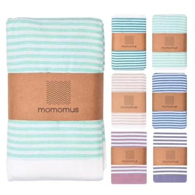 Abbildung von MOMOMUS Fouta XXL oder Dünne Picknickdecke Groß für Strand Mit Fransen, Gestreift, ohne Sand Stranddecke XXL, Strandmatte Sandfrei und Picnic Blanket Türkis, 210x240 cm