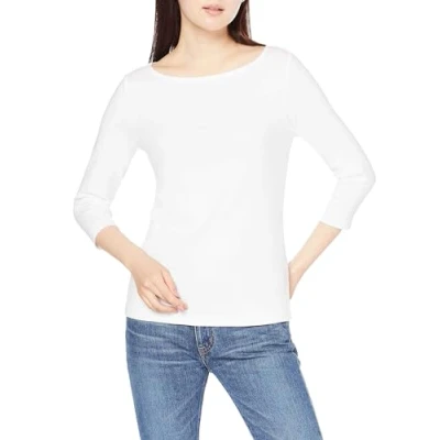 Abbildung von Amazon Essentials Damen T Shirt mit Bateau Ausschnitt und 3/4 Ärmeln in schmaler Passform, Weiß, L