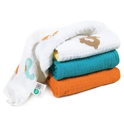 Abbildung von MAKIAN Mullwindeln 3er Pack, 80x80 cm, Oeko TEX® Standard 100 geprüft, 3 Spucktücher in Premium Qualität doppelt gewebte Stoffwindeln/Mulltücher Türkis/Orange/Bauernhoftiere
