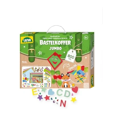 Abbildung von Lena 42629 Jumbo Bastelkoffer mit vielfältigem Material zum Basteln, Moosgummi, Buntpapier, Perlen, Pompon, Satinbänder, Knöpfe, Kulleraugen und vielem mehr, ab 5 Jahre, bunt, 800 Teile