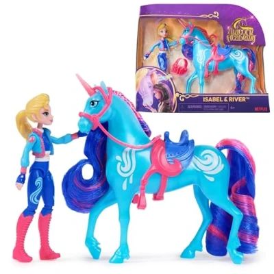 Abbildung von Unicorn Academy Isabel und Einhorn River Set ca. 12 cm große Originalfiguren zur beliebten Netflix Serie mit Zwei Accessoires Haarbürste für fantasievolles Rollenspiel, Kinder ab 4 Jahren