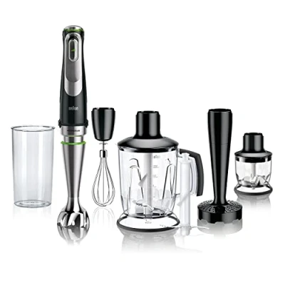 Abbildung von Braun MultiQuick 9 MQ 9147X 5 in 1 Stabmixer mit Standmixer Aufsatz, Zerkleinerer, Kartoffel &amp; Gemüsestampfer Schneebesen, stufenlose Geschwindigkeitseinstellung, 1200 W, Schwarz/Edelstahl