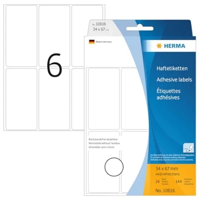 Abbildung von HERMA 10616 Vielzweck Etiketten ablösbar, 144 Stück, 34 x 67 mm, 6 pro Bogen, selbstklebend, Haushaltsetiketten zum Beschriften, matt, blanko Papier Klebeetiketten Aufkleber, weiß
