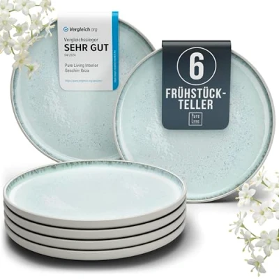 Abbildung von Steingut Frühstücksteller 6 Pers. Ibiza Hochwertiges Mediterranes TEST SEHR GUT Dessertteller Set Kuchenteller spülmaschinen und kratzfest Kleine Teller, Salatteller Pure Living in Beige Blau