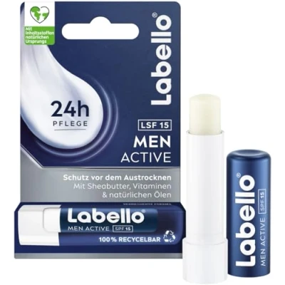 Abbildung von Labello Men Active Lippenpflegestift mit LSF 15, hochwirksame Lippenpflege für Männer Sheabutter, Vitaminen und natürlichen Ölen, Lippenbalsam 24h Feuchtigkeit (4,8 g)