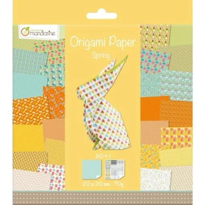 Abbildung von Avenue Mandarine OR505O Packung mit 60 Blatt Origamipapier beidseitig bedruckt 20x20 cm, 70g (30 Motiven x2) + 1 Bogen selbstklebenden Augen, ideal für Kinder ab 7 Jahren, Spring, Pack
