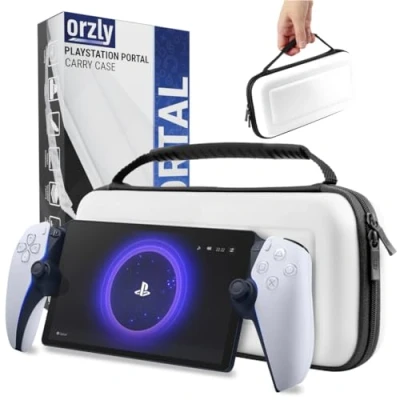 Abbildung von Orzly Tragetasche für Playstation Portal Remote Player PS5 Konsole, Reise und Aufbewahrungsschutz Headset Ladegerät mehr Hülle, Weiß/Schwarz Geschenkbox Edition