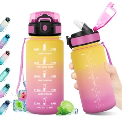 Abbildung von Wasserflasche 500ml, Motivierende Trinkflasche, mit Strohhalm, Auslaufsicher &amp; Zeitmarkierung, BPA frei, für Sport, Schule, Fitnessstudio, Wandern, Fahrrad, Outdoor