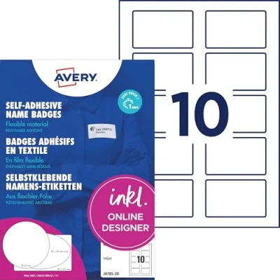 Abbildung von AVERY Zweckform J4785 20 Namensetiketten (200 Namensaufkleber, 80x50mm auf A4, selbstklebend, bedruckbare Textiletiketten für Inkjetdrucker, rückstandsfrei ablösbar) Blatt, weiß