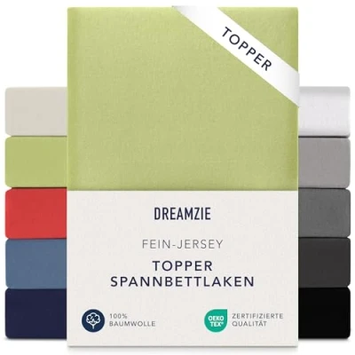 Abbildung von Dreamzie Premium Topper Spannbettlaken 140x200 cm 160x200 extra niedriger Seitenhöhe für Topperauflage Spannbetttuch Jersey Baumwolle, 150 g/m² Oeko TEX Grün