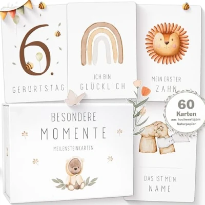 Abbildung von OLGS 60 Baby Meilensteinkarten Teddy Lou Erinnerungskarten, Monatskarten Meilenstein Karten Set, Milestones + Geschenkbox Geschenk für Junge und Mädchen, Babykarten Besondere Momente